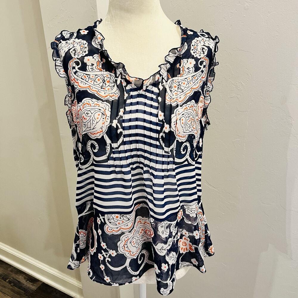 CAbi Blue Floral Paisley Print Striped Sheer Peplum Top Blouse Size XS (A0129)